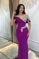 Beautiful Purple Column V-Neck Off-The-Shoulder Beaded Sleeveless Ruffle Long Tulle Prom Dresses With Rhinestone