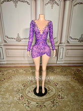 Beautiful Purple Crew Column Beaded Homecoming Dress Long Sleeve Short Tulle Mini Dresses With Rhinestones