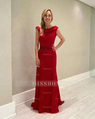 Beautiful Red A-Line Mother of Bride Crew Sleeveless Long Satin Bridesmaid Dress With Sash