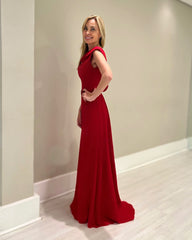 Beautiful Red A-Line Mother of Bride Crew Sleeveless Long Satin Bridesmaid Dress With Sash