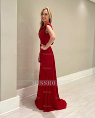 Beautiful Red A-Line Mother of Bride Crew Sleeveless Long Satin Bridesmaid Dress With Sash