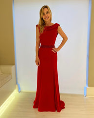 Beautiful Red A-Line Mother of Bride Crew Sleeveless Long Satin Bridesmaid Dress With Sash