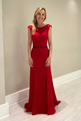 Beautiful Red A-Line Mother of Bride Crew Sleeveless Long Satin Bridesmaid Dress With Sash