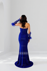 Beautiful Royal Blue Column Strapless Sleeveless Sequined Long Satin Evening Dresses With Slit