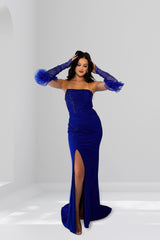 Beautiful Royal Blue Column Strapless Sleeveless Sequined Long Satin Evening Dresses With Slit