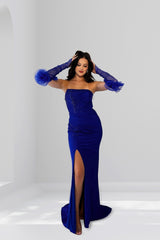 Beautiful Royal Blue Column Strapless Sleeveless Sequined Long Satin Evening Dresses With Slit