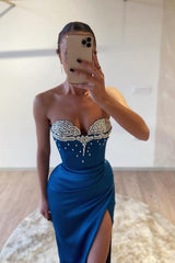 Beautiful Royal Blue Mermaid Sweetheart Beaded Sleeveless Satin Split Front Ruffle Evening Dresses With Rhinestone