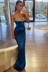 Beautiful Royal Blue Mermaid Sweetheart Beaded Sleeveless Satin Split Front Ruffle Evening Dresses With Rhinestone