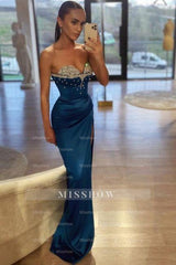 Beautiful Royal Blue Mermaid Sweetheart Beaded Sleeveless Satin Split Front Ruffle Evening Dresses With Rhinestone