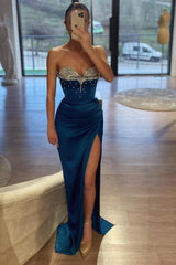Beautiful Royal Blue Mermaid Sweetheart Beaded Sleeveless Satin Split Front Ruffle Evening Dresses With Rhinestone