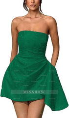 Beautiful Ruched Satin Mini Party Dress Strapless Floral Jacquard Homecoming Dress with Pocket