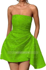 Beautiful Ruched Satin Mini Party Dress Strapless Floral Jacquard Homecoming Dress with Pocket