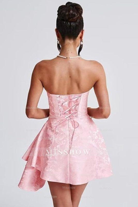 Beautiful Ruched Satin Mini Party Dress Strapless Floral Jacquard Homecoming Dress with Pocket