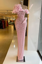 Beautiful Sheath Strapless Pink Long Prom Dresses Evening Dress With Beads