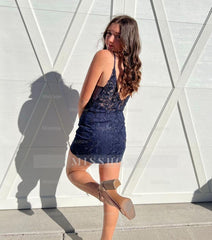 Beautiful Short Navy Spaghetti Straps Homecoming Dress With Lace