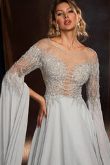 Beautiful Silver A-Line Crew Beaded Long Sleeves Sweep Train Chiffon Evening Dresses
