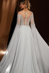 Beautiful Silver A-Line Crew Beaded Long Sleeves Sweep Train Chiffon Evening Dresses