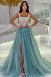 Beautiful Spaghetti Strap Blue Square Beaded A-Line Sleeveless Floor-Length Tulle Evening Dresses With Slit