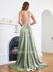 Beautiful Stunning Spaghetti Straps Satin Floor Length Dress with Side Slit