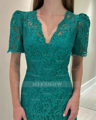 Beautiful V-Neck Column Lace Short Sleeves Mother of the Bride Floor-Length Wedding Guest Dresses