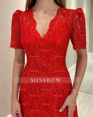 Beautiful V-Neck Column Lace Short Sleeves Mother of the Bride Floor-Length Wedding Guest Dresses