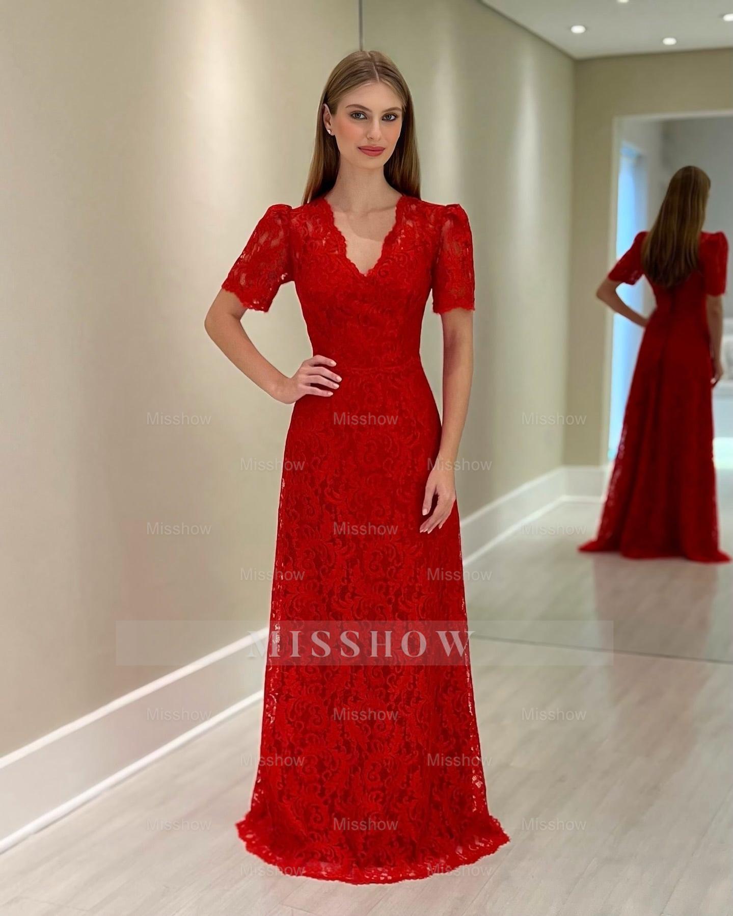 Beautiful V-Neck Column Lace Short Sleeves Mother of the Bride Floor-Length Wedding Guest Dresses