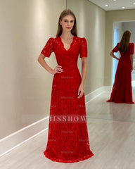 Beautiful V-Neck Column Lace Short Sleeves Mother of the Bride Floor-Length Wedding Guest Dresses