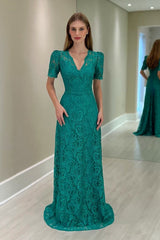 Beautiful V-Neck Column Lace Short Sleeves Mother of the Bride Floor-Length Wedding Guest Dresses