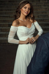 Beautiful White A-Line Off-The-Shoulder Long Sleeves Chiffon Ruffles Simple Wedding Dresses