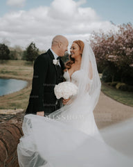 Beautiful White A-Line Off-The-Shoulder Strapless Beaded Long Tulle Wedding Dress With Pearls