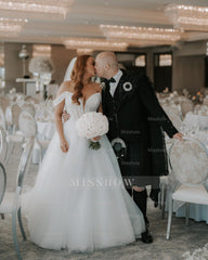 Beautiful White A-Line Off-The-Shoulder Strapless Beaded Long Tulle Wedding Dress With Pearls