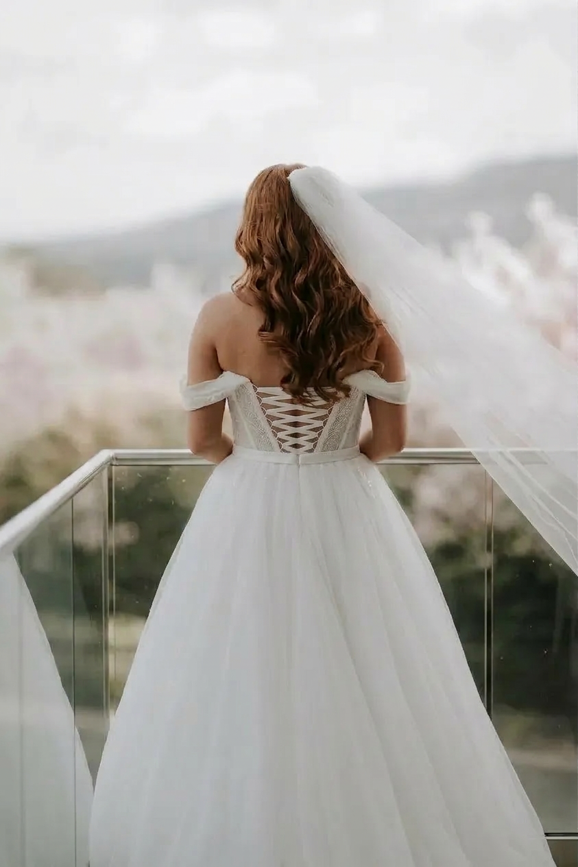 Beautiful White A-Line Off-The-Shoulder Strapless Beaded Long Tulle Wedding Dress With Pearls
