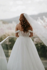 Beautiful White A-Line Off-The-Shoulder Strapless Beaded Long Tulle Wedding Dress With Pearls