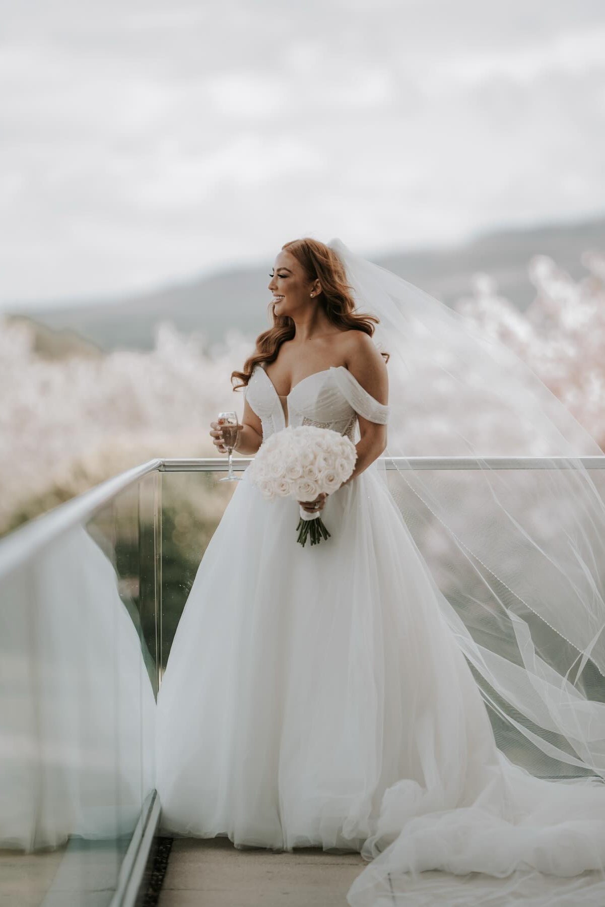 Beautiful White A-Line Off-The-Shoulder Strapless Beaded Long Tulle Wedding Dress With Pearls