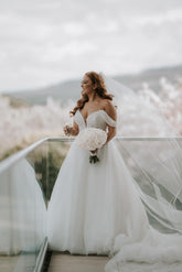 Beautiful White A-Line Off-The-Shoulder Strapless Beaded Long Tulle Wedding Dress With Pearls