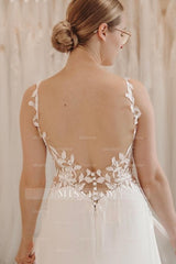 Beautiful White A-Line Spaghetti Strap V-Neck Sleeveless Long Chiffon Split Front Wedding Dresses With Appliques