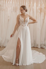 Beautiful White A-Line Spaghetti Strap V-Neck Sleeveless Long Chiffon Split Front Wedding Dresses With Appliques