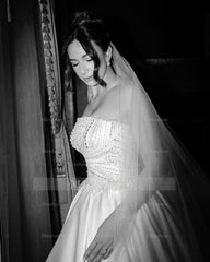 Beautiful White A-Line Strapless Beaded Sequined Sleeveless Satin Wedding Dress With Pearls