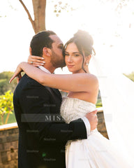 Beautiful White A-Line Strapless Beaded Sequined Sleeveless Satin Wedding Dress With Pearls