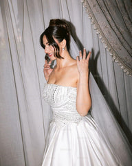 Beautiful White A-Line Strapless Beaded Sequined Sleeveless Satin Wedding Dress With Pearls