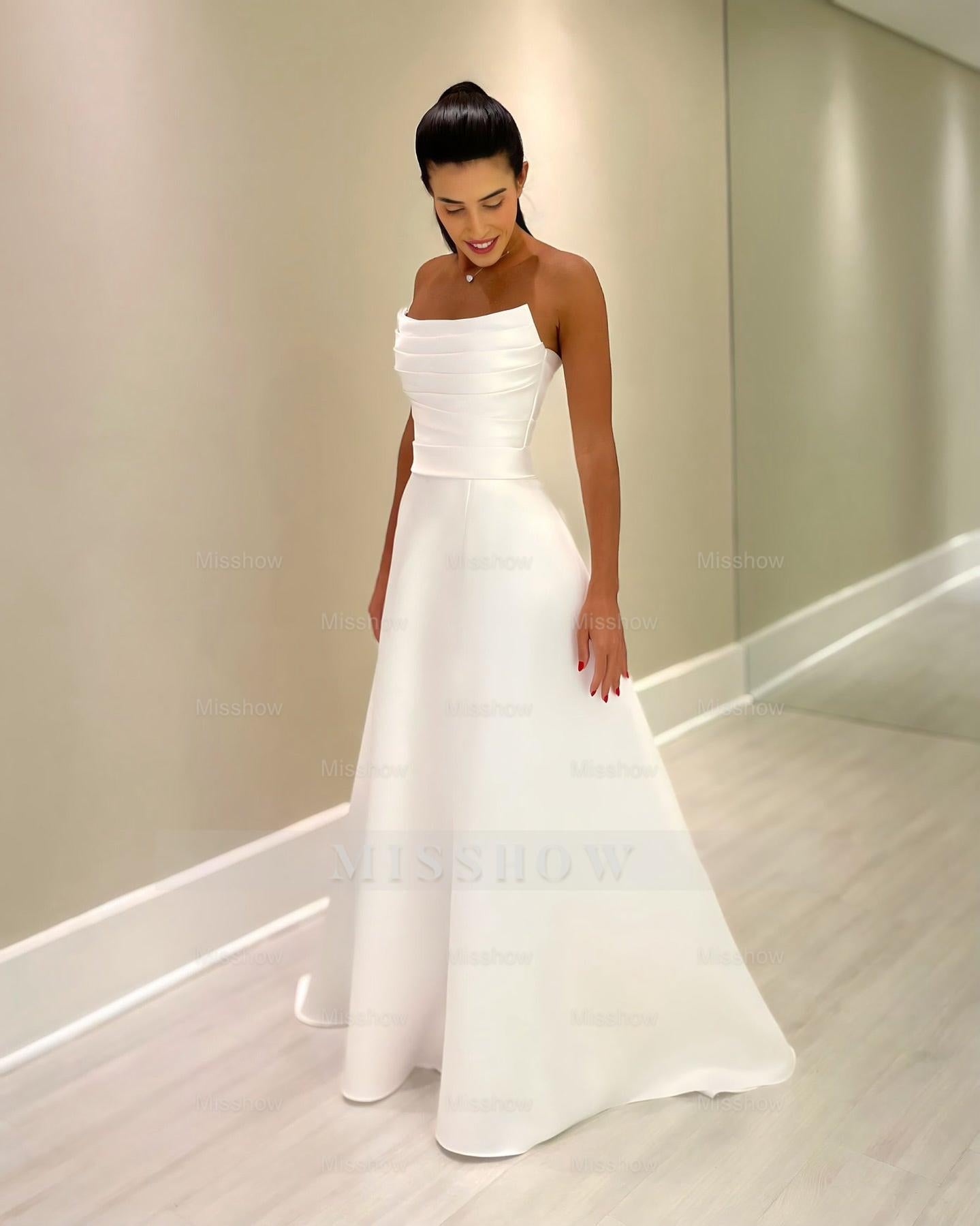 Beautiful White A-Line Strapless Sleeveless Simple Floor-Length Satin Wedding Dresses With Ruffles