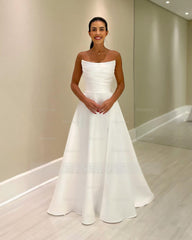 Beautiful White A-Line Strapless Sleeveless Simple Floor-Length Satin Wedding Dresses With Ruffles