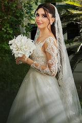 Beautiful White A-Line Sweetheart Long Sleeves Long Tulle Wedding Dresses With Appliques