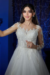 Beautiful White A-Line Sweetheart Long Sleeves Long Tulle Wedding Dresses With Appliques