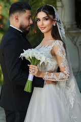 Beautiful White A-Line Sweetheart Long Sleeves Long Tulle Wedding Dresses With Appliques