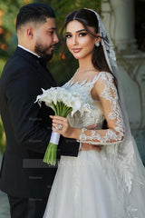 Beautiful White A-Line Sweetheart Long Sleeves Long Tulle Wedding Dresses With Appliques