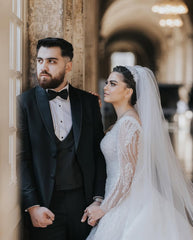 Beautiful White Ball Gown Square Long Sleeves Beaded Lace Cathedral Train Tulle Wedding Dress