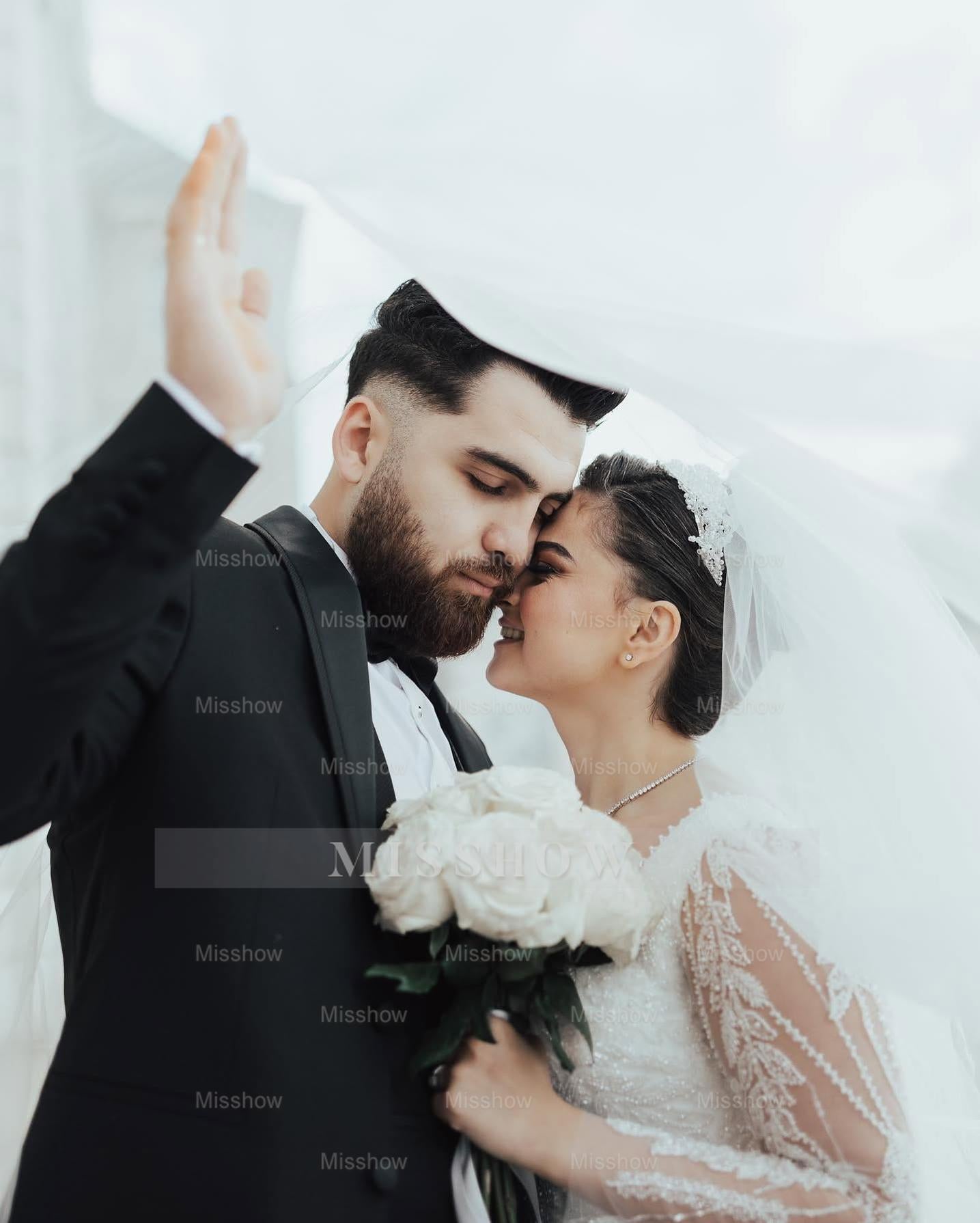 Beautiful White Ball Gown Square Long Sleeves Beaded Lace Cathedral Train Tulle Wedding Dress