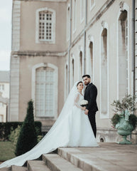 Beautiful White Ball Gown Square Long Sleeves Beaded Lace Cathedral Train Tulle Wedding Dress