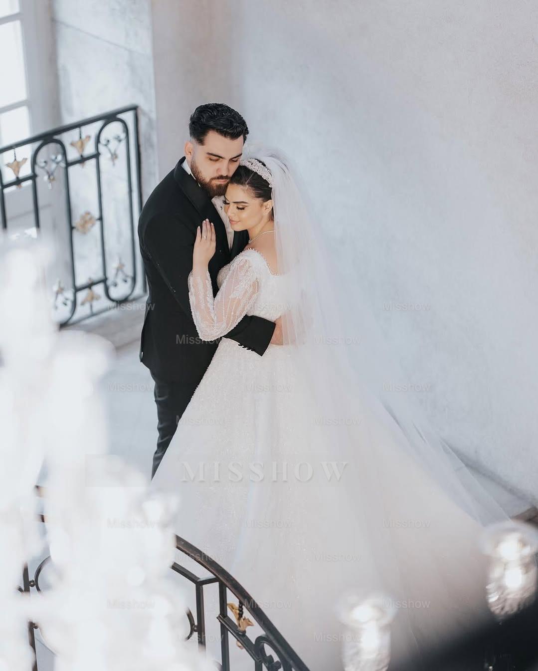 Beautiful White Ball Gown Square Long Sleeves Beaded Lace Cathedral Train Tulle Wedding Dress